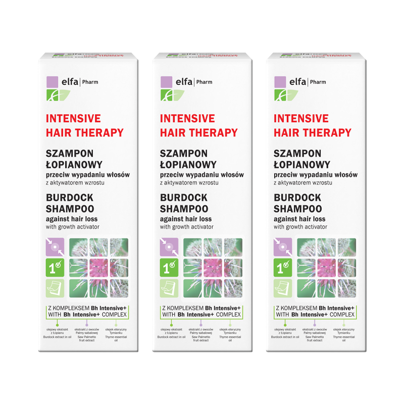 Szampon łopianowy przeciw wypadaniu włosów z aktywatorem wzrostu Elfa Pharm 200m x3